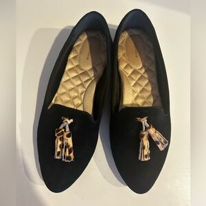 Birdies Black velvet with leopard hair Tassel Loafers